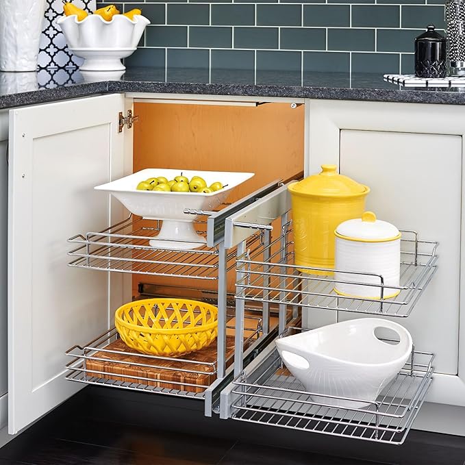 Rev-A-Shelf Chrome Two-Tier Wire Bottom Pullout Organizer with Soft-Close for Blind Corner Base Kitchen Cabinets, Adjustable 4-Basket Storage System, Min Opening Width of 15", 5PSP-15SC-CR
