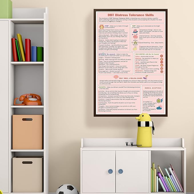 LOLUIS Mental Health Poster, Therapy Educational Supplies Art Print Classroom School Office Decor (Distress Tolerance Coping Skills, Custom Frame Type)