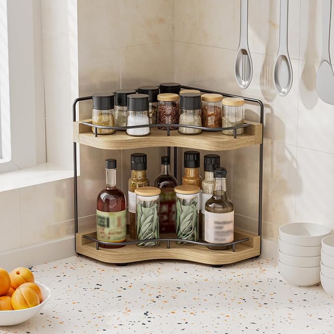 2-Tier Corner Bathroom Counter Organizer for Storage, Light Brown | Larger Size, Solid Wood, Embedded Screw Holes, sink and Vanity Countertop Organizer for Perfume, Skincare & Makeup Storage