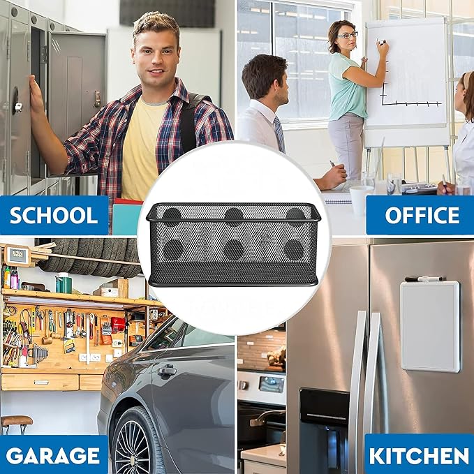 TAPBULL Mesh Magnetic Storage Baskets - Set of 2 (Black) with Anti-Slip Feature and Strong Magnets - Magnetic Locker Organizer and Pencil Holder for Whiteboard and Refrigerator (Black-2 pcs)