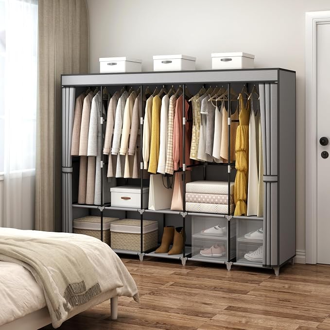 MOGELAFOO 83 Inch Wide Portable Closet Wardrobe, Clothes Storage Rack Organizer with Cover, 5 Clothes Hanging Rods and 10 Storage Shelves, Grey