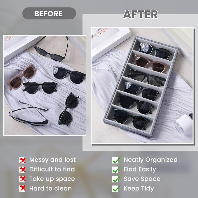 Juexica 4 Pcs Velvet Sunglasses Organizer Tray 6 Grid Sunglass Organizer Velvet Tray Stackable Glasses Display Case for Women Glasses Jewelry Display Watch (Gray)