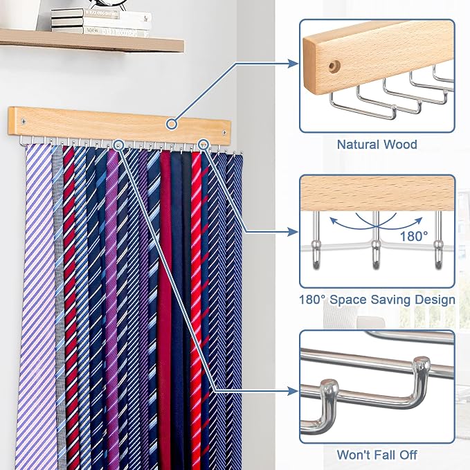 Belt and Tie Organizer for Closet, Tie and Belt Rack Wall Mounted with 20 Storage Hooks, Non Slip 180 Degree Rotating Tie Holder Belt Hanger for Closet/Wall Mount