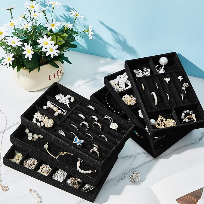 Junkin 18 Pcs Jewelry Drawer Organizer Inserts, Stackable Jewelries Inserts for Dresser Drawers, Drawer Insert Organizers Velvet Jewelry Trays for Rings Earring Bangle Necklace(Black)