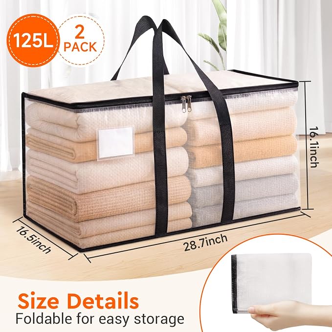 BlissTotes Moving Bags, 125L 2-Pack Storage Bags, Moving Box Heavy Duty Extra Large, Moving Totes with Zipper, Large Packing Bag with Reinforced Handles, Boxes for Packaging Moving
