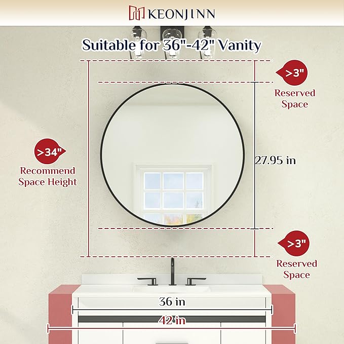 Keonjinn 28 x 28 Inch Round Black Mirror Medicine Cabinet Wall Mounted, Circular Modern Medicine Cabinet with Mirror, Black Framed Medicine Cabinets with Mirror, Vanity Bathroom Mirrors with Storage