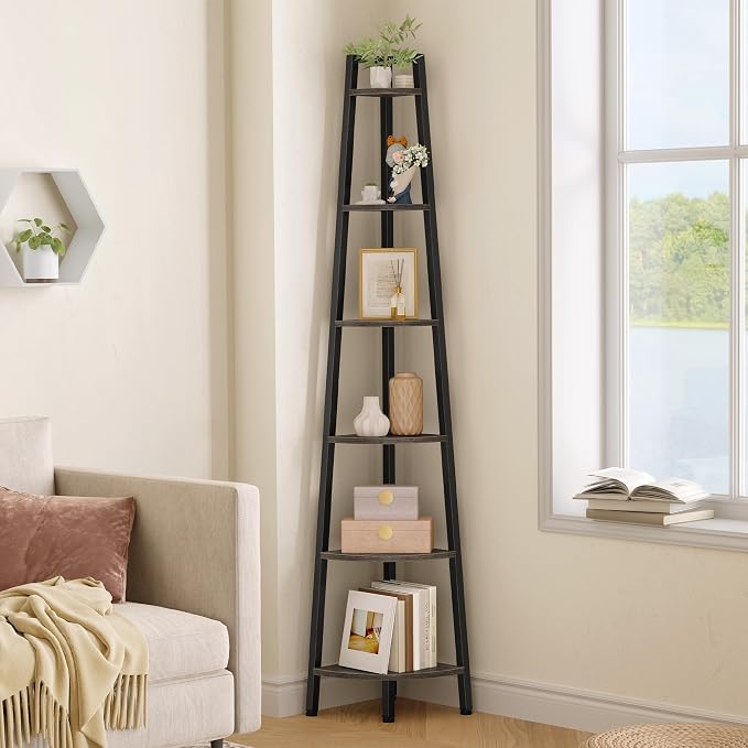 Hoctieon Corner Shelf, 6-Tier Corner Bookshelf, Rustic Ladder Shelf, Industrial Display Stand for Living Room, Kitchen, Home Office, Balcony, Small Space, Metal Frame, Grey