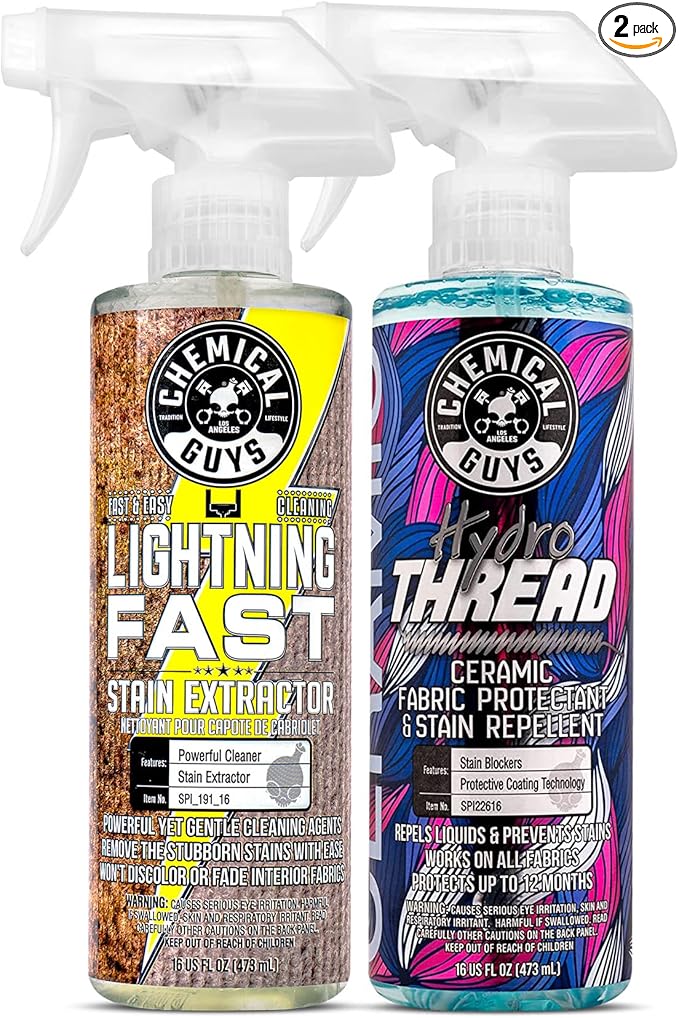 Chemical Guys Carpet & Upholstery Stain & Spot Remover and Ceramic Protectant Bundle with (1) 16 oz Lightning Fast Stain Extractor and (1) 16 oz HydroThread Ceramic Protectant