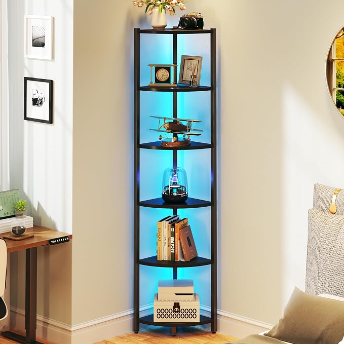 Corner Shelf with LED Lights, 6-Tier Corner Bookshelf, 66'' Organizer Book Shelf Shelves Steel Frame Display Stand with Living Room, Bedroom, Study, Black