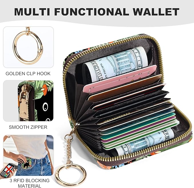Credit Card Holder for Women,Small Rfid Wallet with Keychain Zipper,Cute PU Leather Card Case Wallet，Accordion Credit Card Wallets Gift,Flowers and Black Cat B