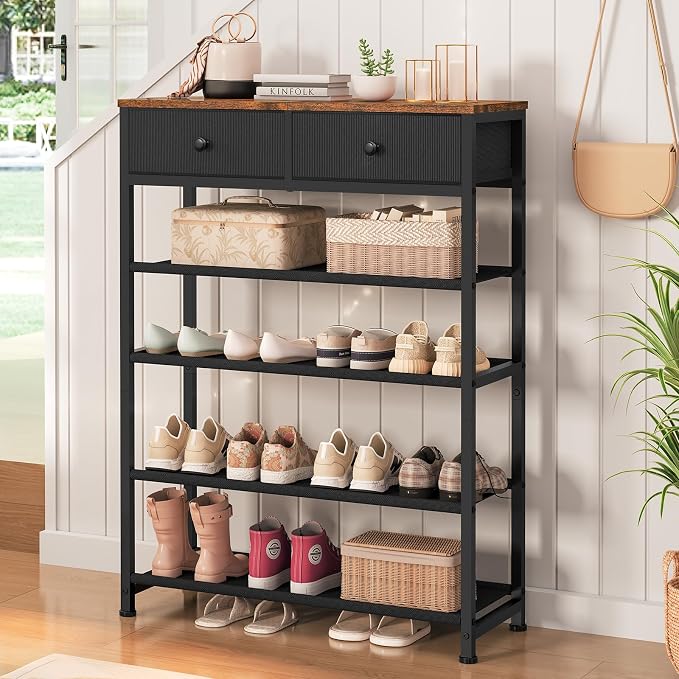 usikey Shoe Rack, 5 Tier Shoe Storage Organizer with 2 Drawers, Metal Shoe Shelf for 12-16 Pairs of Shoes, with 4 Oxford Fabric Shelves and Wooden Top, Shoe Stand for Closet Entryway, Black
