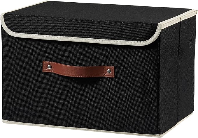 Storage Boxes with Lid Cotton Linen Fabric Storage Bins Organizer Container Decorative Collapsible Washable Shelf Baskets Faux Leather Handles for Home Bedroom Closet (Black, Large Size)