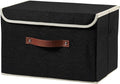 Storage Boxes with Lid Cotton Linen Fabric Storage Bins Organizer Container Decorative Collapsible Washable Shelf Baskets Faux Leather Handles for Home Bedroom Closet (Black, Large Size)