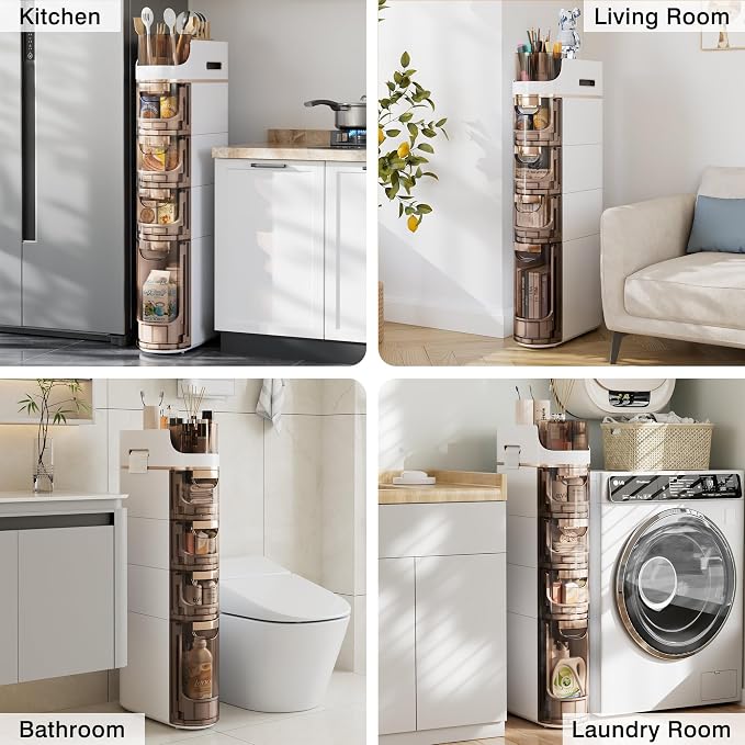 VECELO 4-Tier Slim Bathroom Storage Cabinet with Wheels, Skinny Bathroom Storage Cabinet with Drawers, Toilet Paper Holder, Movable Narrow Floor Cabinet for Small Space, Bathroom