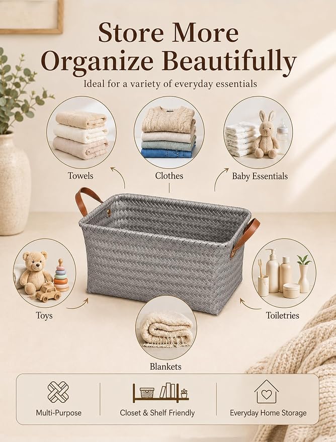Hand Woven Baskets for Storage, 4Pcs Water-Resistant Wicker Baskets, Grey Wicker Storage Baskets for Shelves, Large Basket with Handle for Organizing, Clothes, Laundry, Blanket - Rectangular