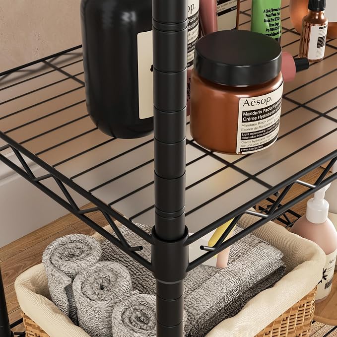 Golpart Small Shelves Storage Wire Metal Adjustable Shelf Unit with Wheels | 3 tier Shelving Organizers Storage Shelving for Bathroom Laundry Room Kitchen Pantry 11.7”D x 17.7”W x 30.7”H Black