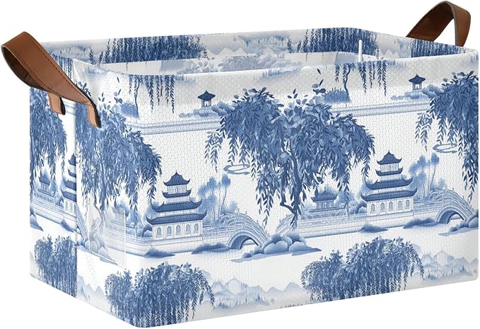 Blue and White Porcelain Pavilions Willow Tree Storage Bins for Shelves with Labels&Handles Fabric Organizer Bin Foldable Rectangle Storage Basket Boxes for Closet, Bathroom, Home, Living Room