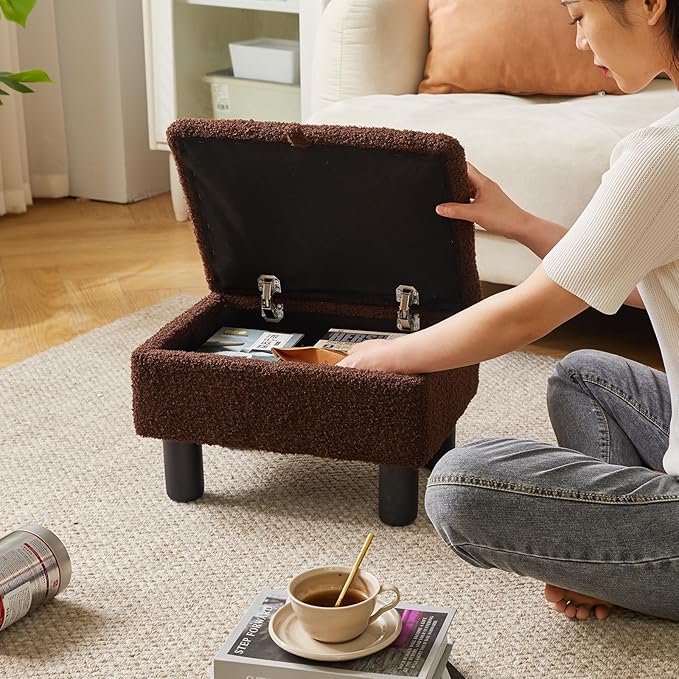 Aibiju Small Foot Stool Ottoman with Storage, Teddy Velvet Foot Rest with Wood Legs and Safety Hinge Flip Top, Bedside Step Stool Rectangle 16x12x9.5inch for Living Room Bedroom Teddy Brown YD-JD136B