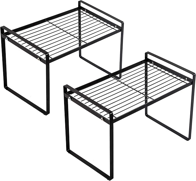 Shantton 2pk Kitchen Cabinet Shelf Counter Organizer Rack Pantry Storage Bathroom Bedroom Office Table Desk Space Saving Steel Frame Stackable Rust Resistant Non Slip Black-Tall-L13in W8.3in H9.5in