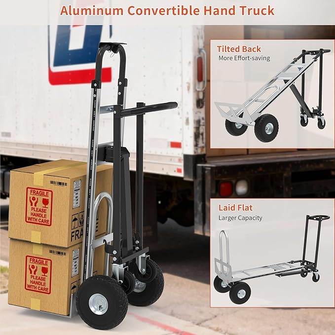 3in1 Convertible Hand Truck Dolly Cart, 880 lb Aluminum Hand Trucks Heavy Duty Furniture Appliance Dolly W/10 Wheels,Utility Cart for Transport & Moving Office, Home & Warehouse Use (Silver Black)