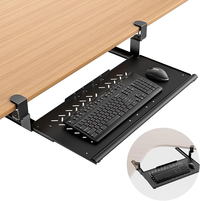 Keyboard Tray Under Desk - Full Metal Slide Out Holder, Rust-Resistant & Scratch-Proof, 26x13" Tray, Double C-Clamps for L Shape/Regular Desks, Standing/Sitting Workstation(Black-A)