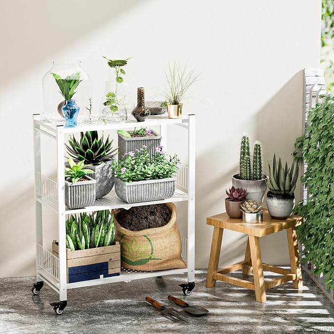Folding Storage Shelves No Assembly, 3 Tier Foldable Shelves with Wheels, Collapsible Rolling Storage Rack for Pantry Laundry Room Small Spaces, White