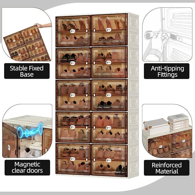 Foldable Shoe Cabinet with Magnetic Clear Doors, Wide Design Shoe Rack for Entryway, Portable Shoe Organizer Meeting Diverse Storage Needs (White, 2Row 10Tier)
