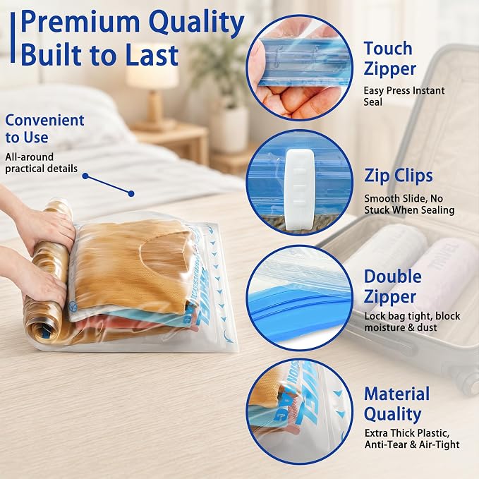 Compression Bags for Travel Essentials, Roll Up Bags No Vacuum Needed | for Cruise Flight, Extra Thick, Luggage Size Carry-on Suitcase Backpack, Waterproof