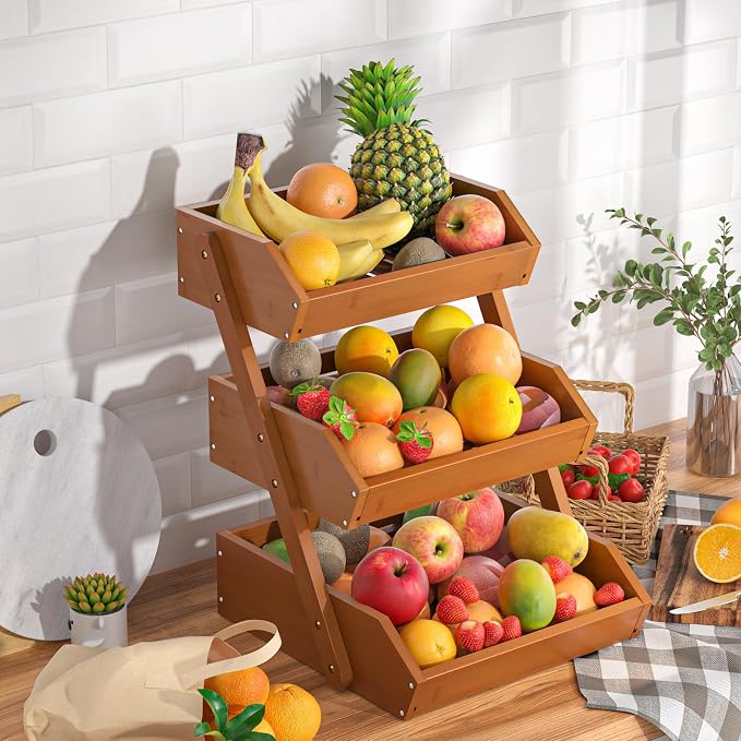 G.a HOMEFAVOR 3-Tier Fruit Basket for Kitchen Counter, Brown, Self-assembly | Bamboo Fruit Bowl, Vegetable Storage and Home Organizer, 15 mm Thickness