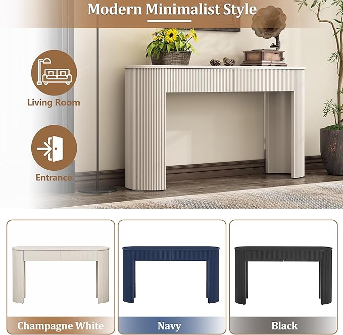 Modern Fluted Console Table 54-Inch Oval Entry Sofa Table with Storage Drawers for Living Room Entryway Hallway Furniture, White