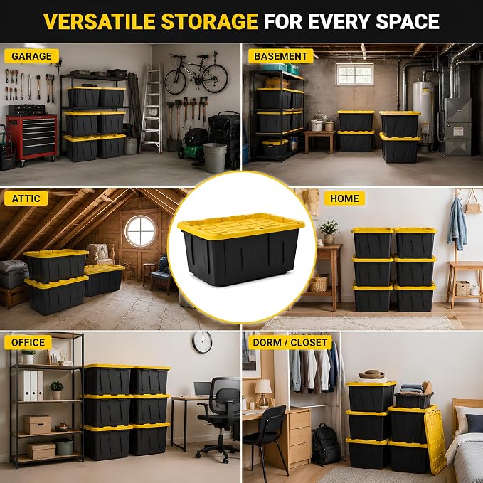8 Pack 27 Gallon Heavy Duty Storage Totes with Lids, Stackable Plastic Storage Containers, Industrial Organizer Containers for Garage, Basement, Closet, Moving, Camping & Outdoor Storage