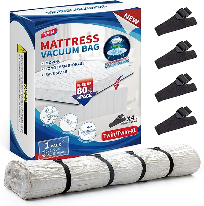 TAILI Mattress Vacuum Storage Bag, Twin/Twin-XL Foam Mattress Vacuum Bag with 4 Straps, Sealable Bag for Memory Foam, Latex, Easy Moving, Transport and Storage
