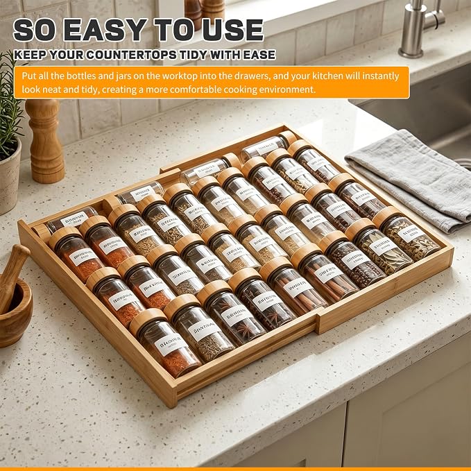 Bamboo Spice Drawer Organizer Expandable(Fits 2.6” Deep Drawers), 4-Tier Spice Rack Drawer Insert for Kitchen Cabinets(12" - 21.9" Width), Adjustable Seasoning Storage Insert (Jars Not Included)
