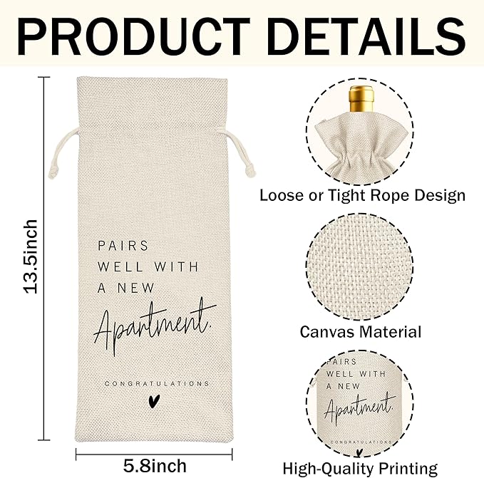 New Apartment Housewarming Gifts Pairs Well with a New Apartment Wine Gifts Bag First Home Gift Housewarming Party Decorations House Warming Gift for Women Men Couple Reusable Wine Wrap Bag (A21)