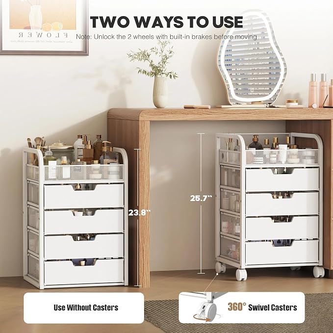 Makeup Organizer Cart with 4 Drawers, Vanity Storage Drawer Carts with Dividers, Nail Cart Organizer Cosmetic Display Cases Cabinet for Skin Care, Nail Polish, Perfume, White