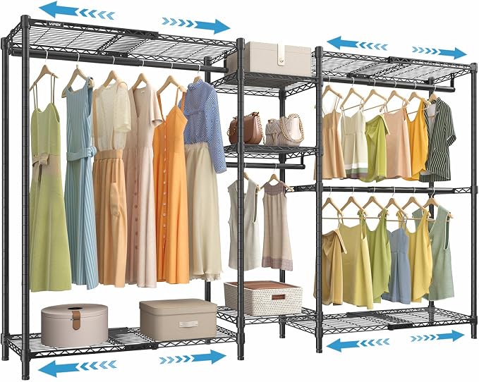 VIPEK Classic V6X Dynamic Closet System, Expandable Freestanding Clothes Rack with Shelves & Hanging Rods, Adjustable Width 62"-96", Modular Metal Clothing Rack Organizer for Reach-in Closet
