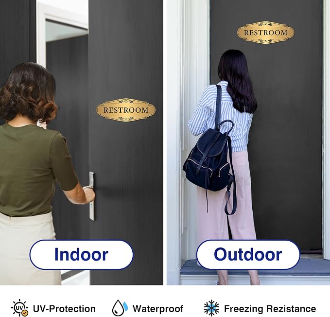 Restroom Sign Sticker for Business & Home, Self-Adhesive Brushed Gold | Elegant Bathroom Signs for Door, Durable & Waterproof Unisex Restroom Signage for House Toilet, Office, Store, Shop