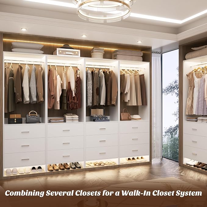 Aheaplus Closet System Closet Organizer, Wood Closets Organizer System, Walk-in Closet or Wardrobe, Clothes Rack with Hanging Rods, 8FT Closets, Set of 4, White
