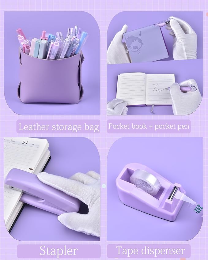 Purple Desk Accessories, Pencil case, Stapler, Pen and a Lot of Office Purple Office Supplies Beautifully Presented in a Gift Box