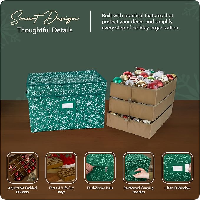 Covermates Keepsakes Adjustable Ornament Storage Box – Heavy-Duty Polyester, Padded Dividers & FlexGrid Trays – Protective Holiday Organizer with Stackable Walls & Label Window, Green Snowflake