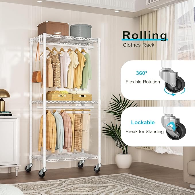 FUTASSI P3 Mini Rolling Clothes Rack, Clothing Racks for Hanging Clothes, Heavy Duty Garment Rack with Wheels, Freestanding Portable Closet Racks 23.6'' W x 14'' D x 78.5'' H, Max Load 430 Lbs, White