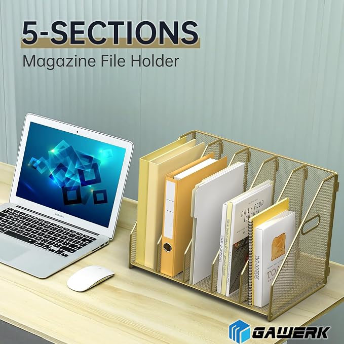 MINDEPOT Desk File Organizer Metal Desk Magazine Folder Holder with 5 Vertical Compartments Rack File Organizer for Office, Home, School (Gold)