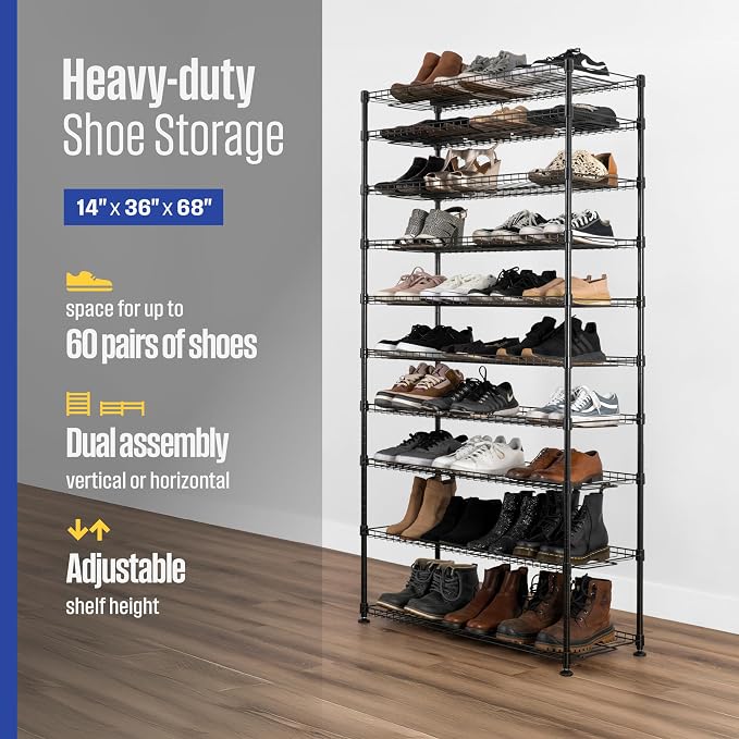 SafeRacks 10-Tier Shoe Rack - 60 Pair Heavy Duty Storage Stand