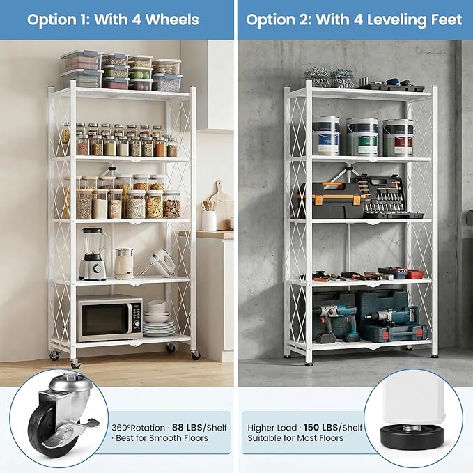 ALANNG 70.7" H Metal Storage Shelves, 5 Tier Folding Shelf on Wheels | Heavy Duty, No Assembly, Rolling, Collapsible Rack Unit for Kitchen, Basement, Pantry (White,4 Pack)