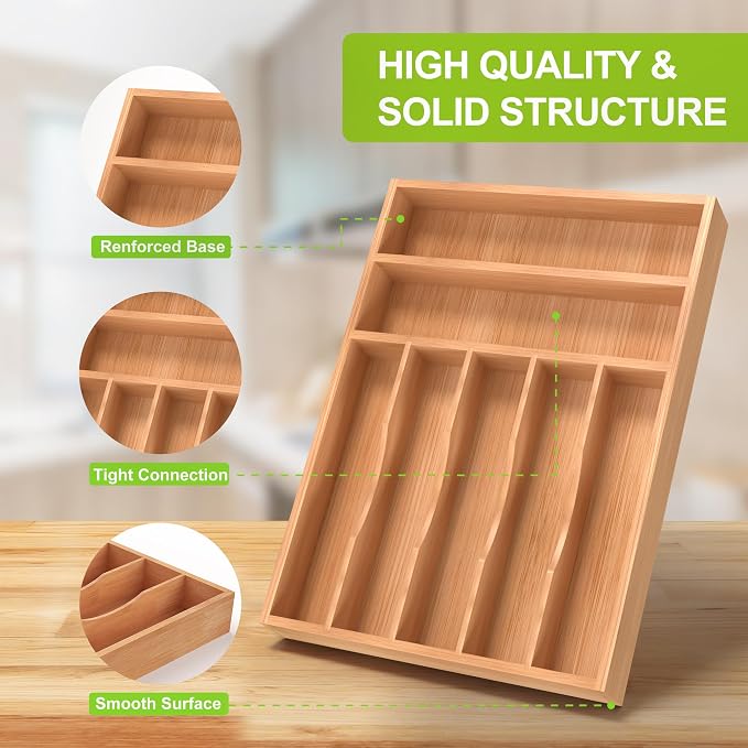 Unibambou Bamboo Utensil Drawer Organizer, Silverware Tray Organizer, Kitchen Drawer Organizer for Flatware Cutlery, Silverware Tray for Drawer (Natural, Large 12x16.5 Inch)