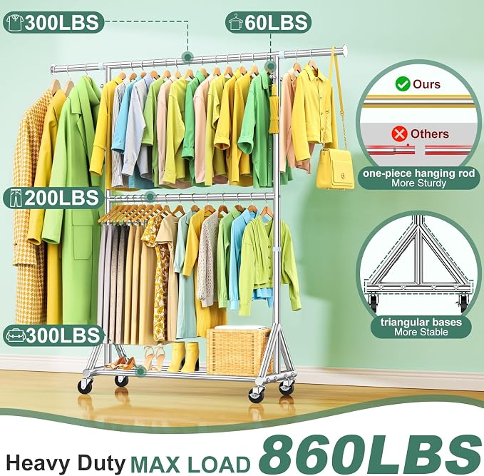 Heavy Duty Rolling Clothes Rack with Double Rods for Hanging Clothes, Adjustable & Extendable Metal Clothing Rack, Garment Rack With Wheels Shelf, Sturdy Freestanding Closet Rack, 100% Stainless Steel