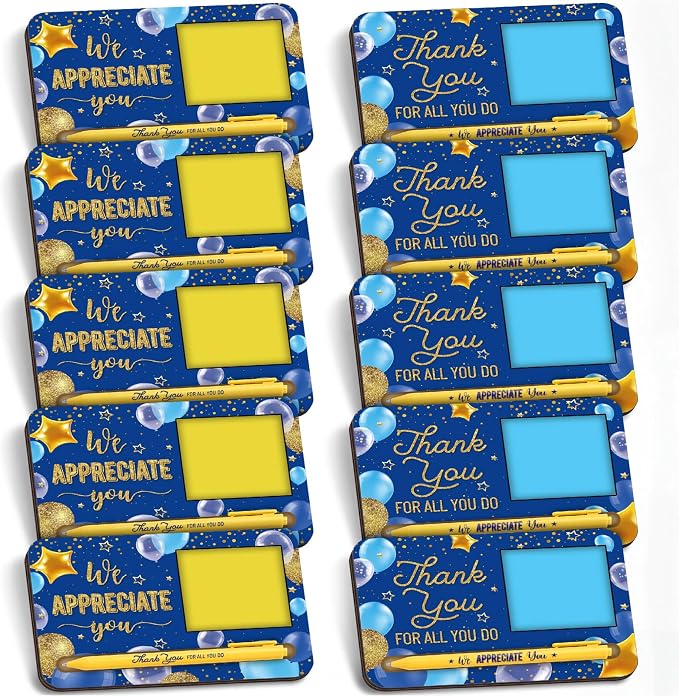 Kosiz 10 Set Back to School Teacher Gifts Blue Gold Wooden Sticky Note Holder with Notes and Ballpoint Pens Inspirational Sticky Notes Sets for Teacher Back to School Thank You Gift