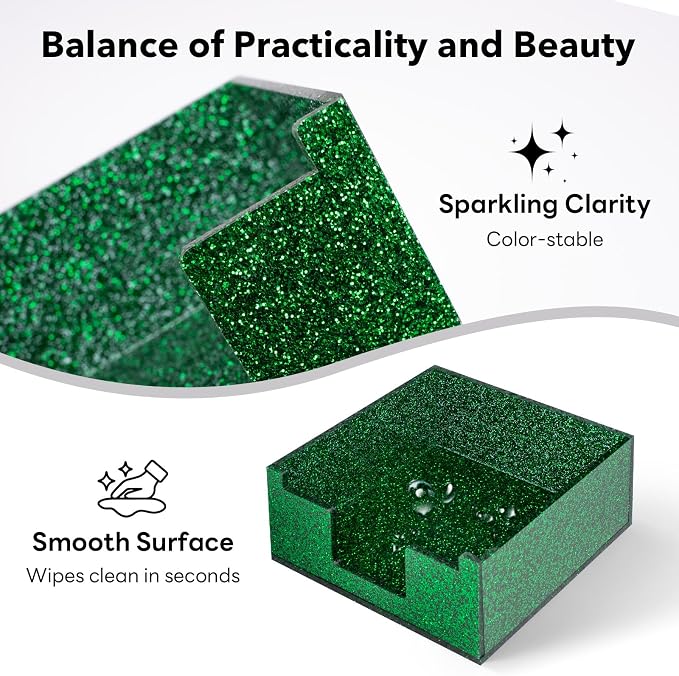 Acrylic Sticky Note Holder 4x4in Tray for Desk, Green Glitter | Sparkling glitter acrylic tray, fits 3x3 sticky notes, compact organizer for office school and home