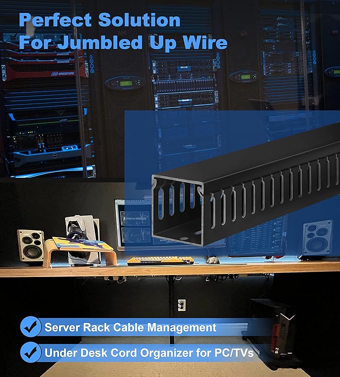 2" H x 2" W Cable Raceway, 66in Under Desk Wire Management Channel, Black | Slotted Wire Duct, 4Pack, 16.5in Each, Heavy-Duty PVC Cable Management for Server Racks, Network Cables & Electrical Cabinets