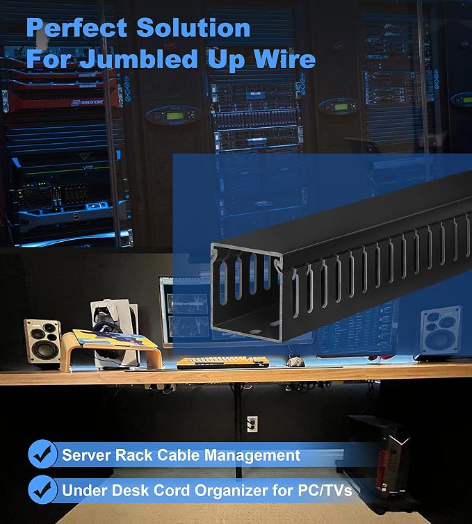 2" H x 2" W Cable Raceway, 132in Under Desk Wire Management Channel, Black | Slotted Wire Duct, 8Pack, 16.5in Each, Heavy-Duty PVC Cable Management for Server Racks, Network Cables & Electrical Cabinets